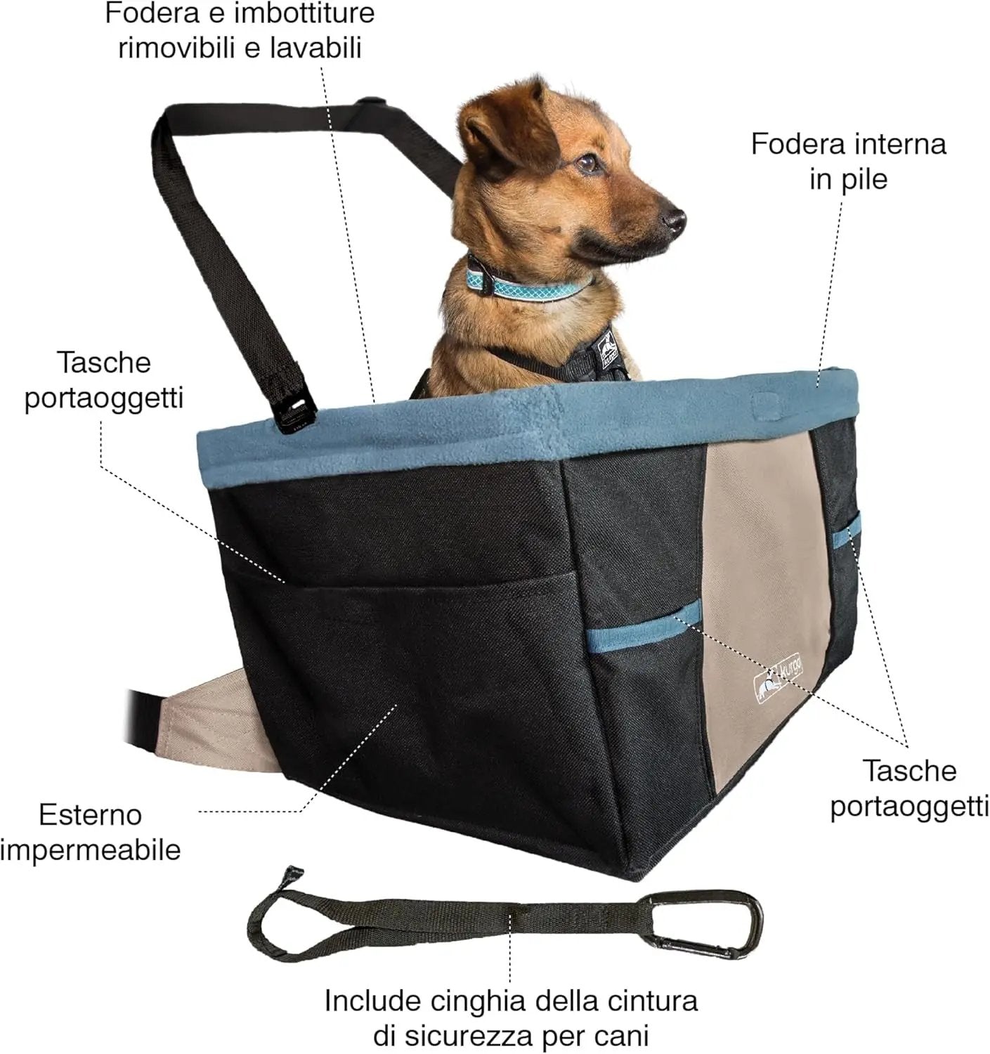 Dog Booster Seat - Keeps Dogs Secure & Comfortable - Waterproof Exterior - Removable Washable Liner - Dog Car Seat with Harness Strap - Collapsible - Rover Style - Black/Blue