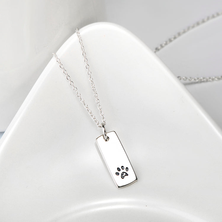 Ladies Glossy Square Dog Paw Print Tag Necklace