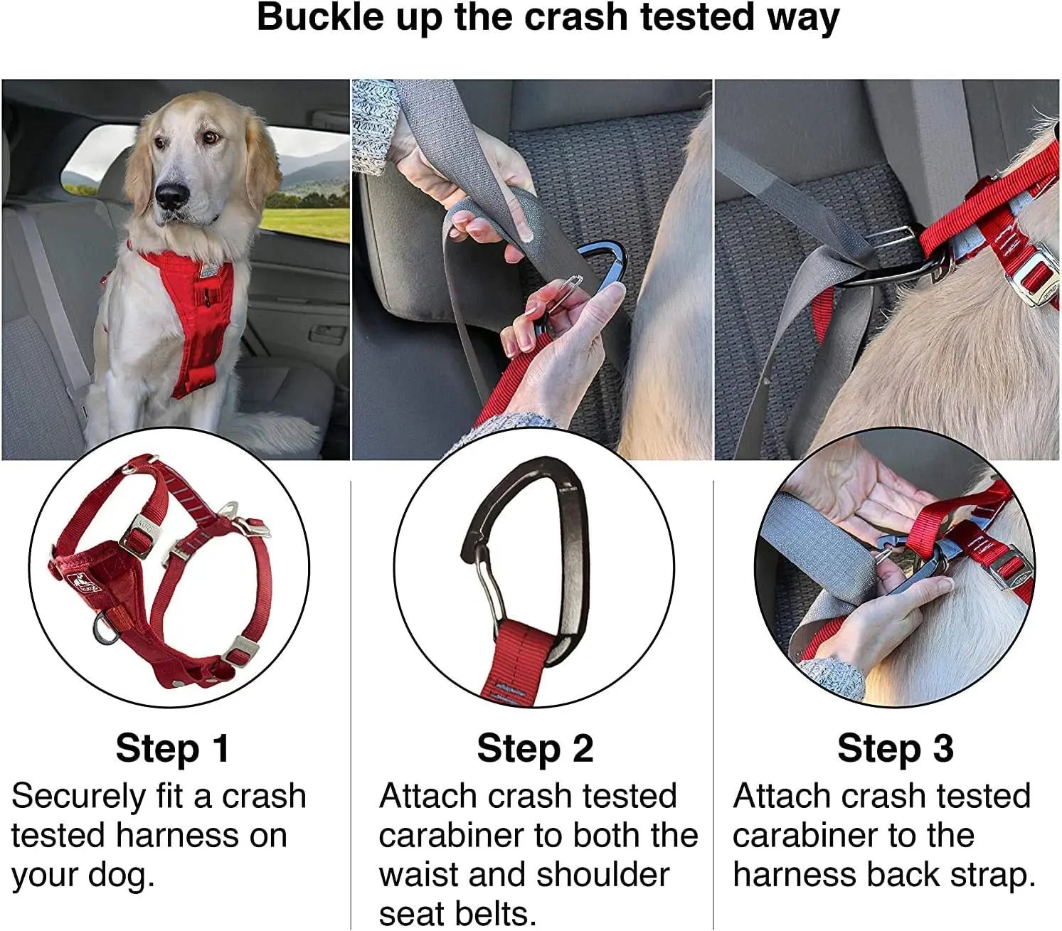 Enhanced Strength Tru-Fit Dog Car Harness - Crash Tested for Safety - Broad Chest Plate - All Steel Nested Buckles - Includes Seatbelt Tether - Red - Medium